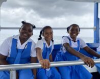 Grade 4 students (from left) Akayla Forrester, Tessania Tulsie and Sonia Spence from Broughton Primary School, Westmoreland shared bright smiles for the camera as they headed to sea with the Beaches Negril watersports team for a glass bottom boat tour and lessons on different types of sea creatures and the importance of taking care of the ocean.