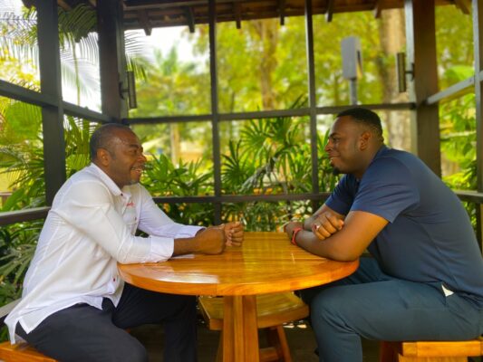 (From left) Father and son duo; Hugh Morgan from Beaches Negril and Shaquille Morgan from Sandals Negril held a small chat before heading back to work.