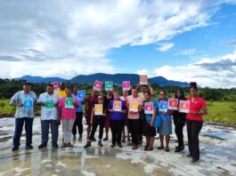 A key part of the assessments done in the twenty communities explored awareness of the Sustainable Development Goals (SDGs) and actions being done to incorporate them into community development. Here indigenous people from the Surama Village in Guyana share cards with the 17 SDGs.