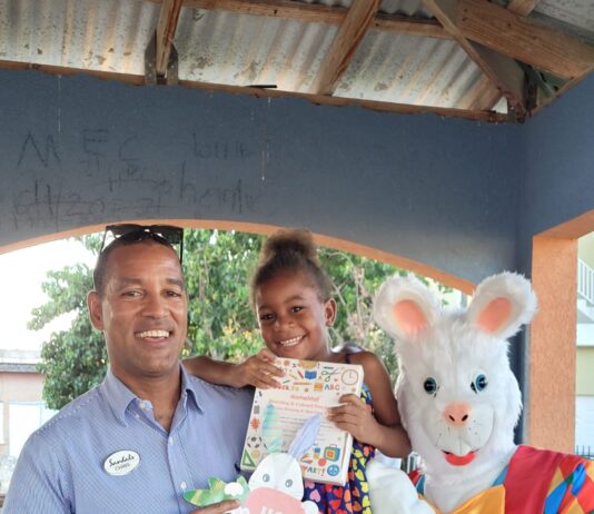 General Manager of Sandals Montego Bay Christopher Elliott happily poses for a picture with the Easter bunny and four-year-old Deneisha McFarlane of Whitehouse.