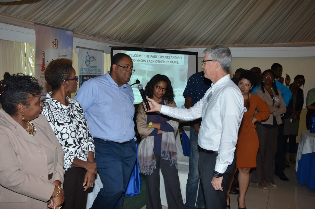 Dr. Michael Taylor (third left) makes a strong point to workshop facilitator, Menno Valkenburg during the introductory exercise of the Strategic Programme for Climate Resilience (SPCR) Stakeholder Consultations Results workshop 