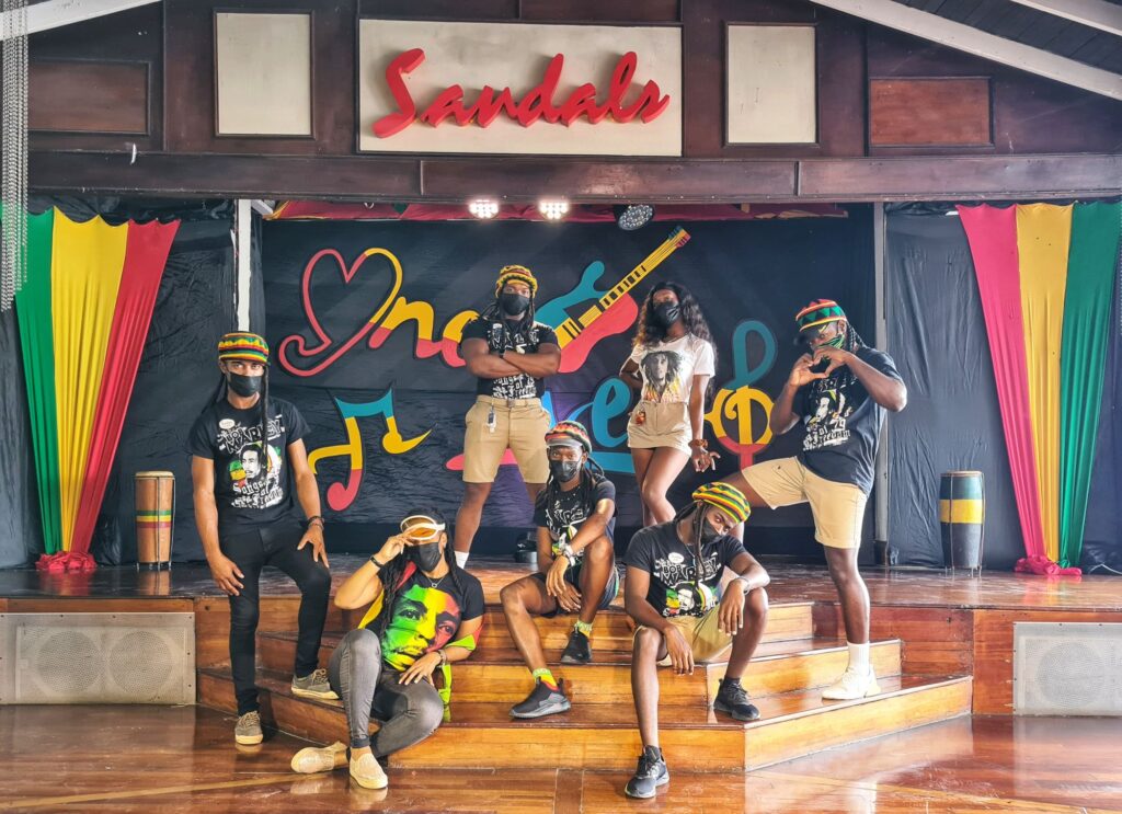 The entertainment team at Sandals Negril (back row from left); Deji Buchanan, Javada Parkes, Jada Addiman, Jwaquim Henry, (front row from left) Suzanne Ingram, Chevaugn Montague and Oryan Brown stopped for a quick photo before they started the day’s celebration.