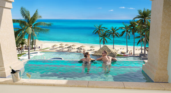 Sandals Dunn’s River’s Tufa Terrace One Bedroom SkyPool Butler Suites feature balcony-length glass panel pools that overlook the Caribbean Sea