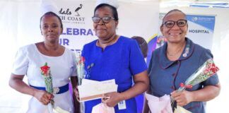 Director of Nursing Services, Matron Maria Stampp (center) has given over 37 years of service to the nursing profession. She is joined by her colleagues; Deputy Director of Nursing Services, Ingrid Stephens (left) and Nurse Anaesthetist, Andrea Wright who have both served for 28 years. All three nurses were honoured by Sandals South Coast during a Nurses Week activity recently.