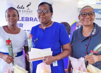 Director of Nursing Services, Matron Maria Stampp (center) has given over 37 years of service to the nursing profession. She is joined by her colleagues; Deputy Director of Nursing Services, Ingrid Stephens (left) and Nurse Anaesthetist, Andrea Wright who have both served for 28 years. All three nurses were honoured by Sandals South Coast during a Nurses Week activity recently.