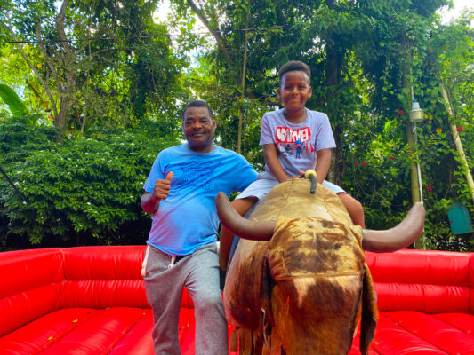 Kenute Salmon from the Beaches Negril team was pleased to teach his relative Tajay a few bull riding tricks.