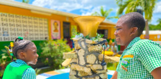 Pell River students Dejanae Pearce and Jaheim Jerry shared that they love their new fountain that was donated by the Sandals Foundation.