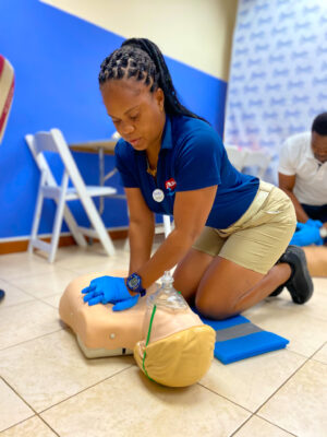 Beaches Negril Open Water Scuba Instructor, Kimberley Saunders in deep concentration as she went through the Cardiopulmonary Resuscitation, (CPR) refresher training.